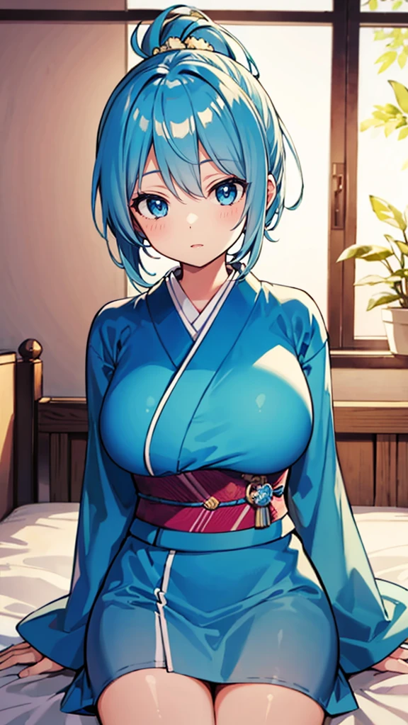 hatunemiku VOCALOID, ponytail, light blue eyes, light blue hair, big breasts, kimono, bedroom,