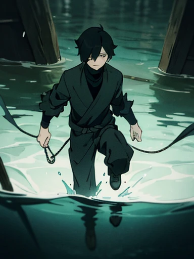 Black hair, necklace, looking at viewer, 1boy, short hair, closed mouth, hair over one eye, black shirt, grey eyes, turtleneck, jacket on the shoulders, black trousers, boots, full body
Swimming in a bank. Green water in a bank. (Empty space)