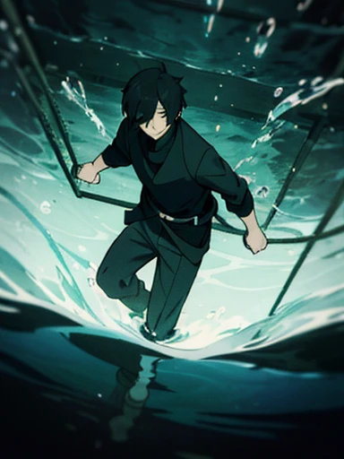 Black hair, necklace, looking at viewer, 1boy, short hair, closed mouth, hair over one eye, black shirt, grey eyes, turtleneck, jacket on the shoulders, black trousers, boots, full body
Swimming in a bank. Green water in a bank. (Empty space)