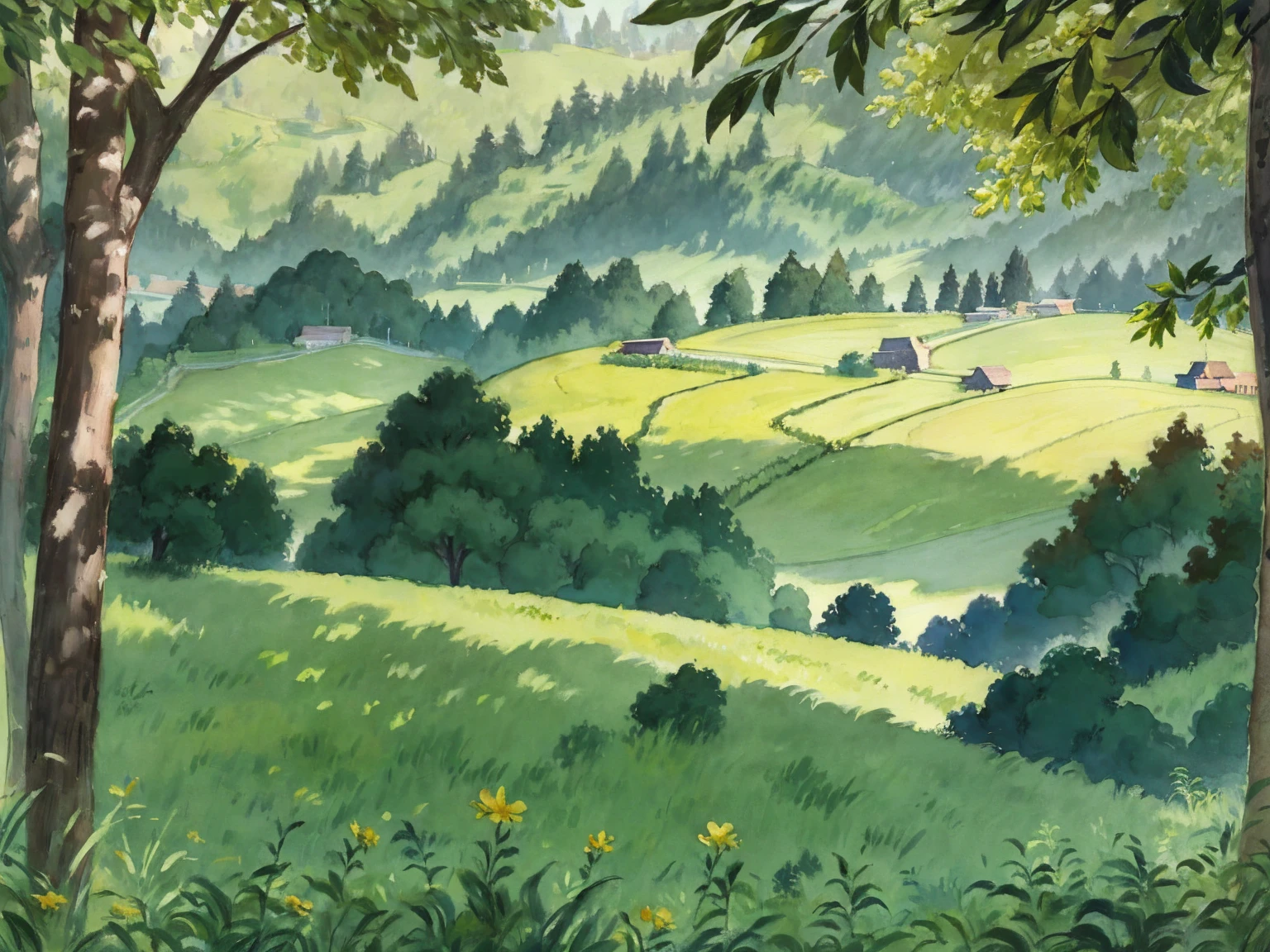 masterpiece, UHD, 4k, highres, ultra highres, hd, best quality, watercolor, scenery, grass fields, flowers, mountain range, forest, trees, sun, sunlight, alcove, green fields, grass, natural lighting, godrays, lens flare, 200mm lens, in the style of studio ghibli, 