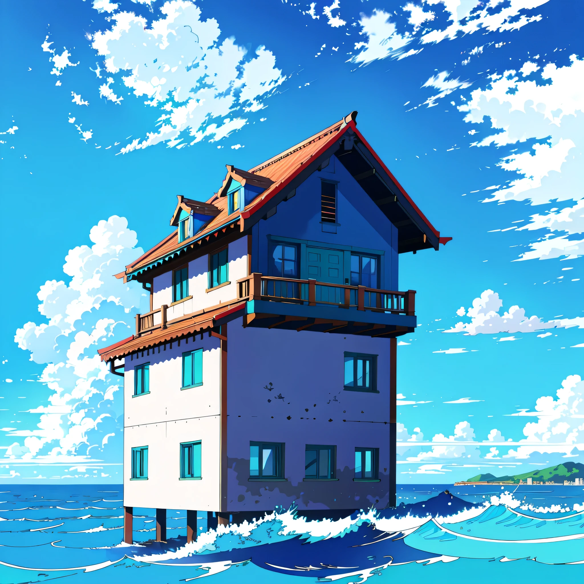 House, no humans, clouds,Blue sky, outdoors, house, day, smile, blue sky, aqua background, Rich colors, white cloudsï¼ aqichahua, illustration, flat color, Flat style, ocean, (Masterpiece), (best quality)