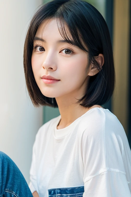 A beautiful Japanese woman in her early 20s with a soft, friendly expression and slightly droopy eyes. She has gentle, kind eyes with naturally sized eyes and a soft gaze. She is wearing a casual outfit with a T-shirt and denim jeans. She has shoulder-length bob hair, black hair, standing in a casual pose. Her eyebrows are gently curved and droopy, giving her a more approachable and kind look. She has a natural skin tone and natural Japanese facial features. Show her full body from head to toe, standing naturally, with her entire body visible in the image. Ensure the image is upright. Make her face slightly smaller to give a more  appearance. Ensure the orientation is vertical.
