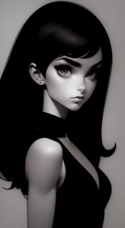 Beautiful 20yr old girl, detailed, muscular, short black dress with peter pan collar, female femme dessin, simple, Noir et blanc, Shady, black and white ink, looking at viewer.