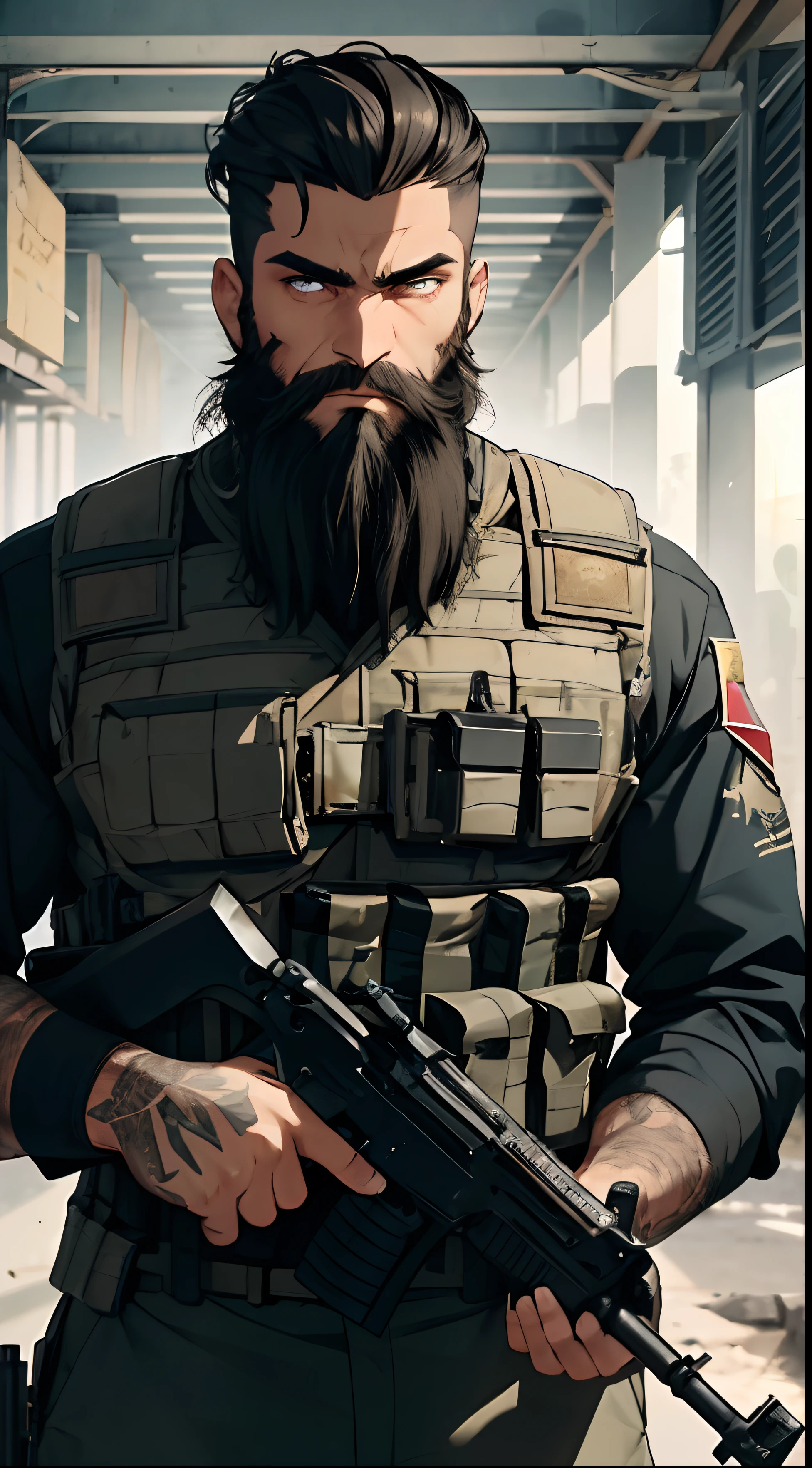 man with a black short beard, badass beard, arabian aesthetics, black beard, with tattoos, epic beard, rough beard, neat beard. He has blue eyes. He has a huge scar on his face, He wears an Arabian army uniform, military camouflage clothing, wear a bulletproof vest,holds a rifle, Dynamic pose, 8k, masterpiece, dark, full of equipment, one-eyed, dirty and bruised, clothes torn