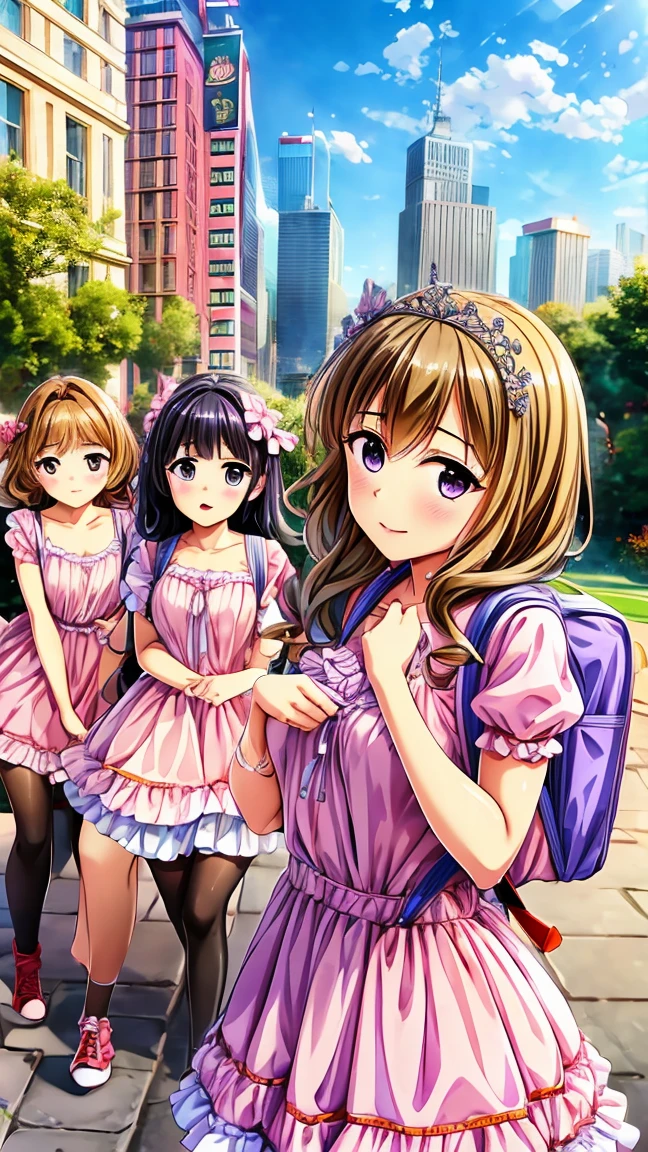 masterpiece, highest quality, High resolution, Four Girls, Four people, Brown Hair, short hair, Purple eyes, Mole under the eye, Cowboy Shot, Ruffled Dress, tiara, Pink Dress, city, Outdoor, garden, wearing randoseru backpack, (randoseru backpack:1.1)