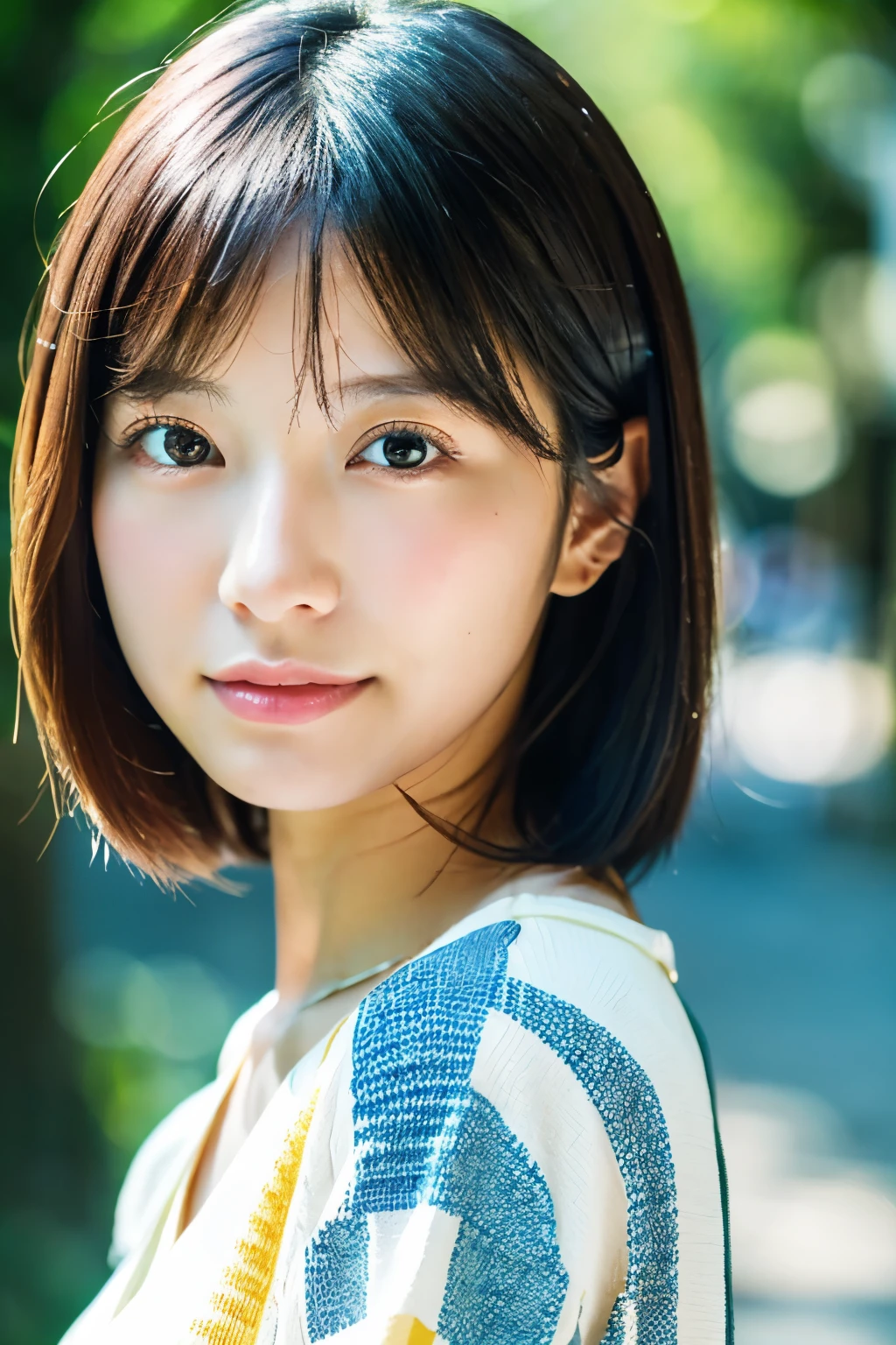 ((Photoreal)), 8K full-length portrait, (Beautiful woman), (Japanese woman), (detailed face), attractive look, Clear system, 18-year-old, Tokyo city, summer, for the background, short hair,