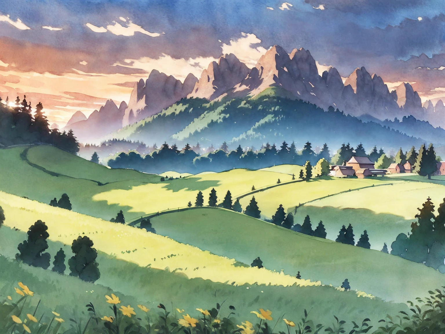 masterpiece, UHD, 4k, highres, ultra highres, hd, best quality, watercolor, scenery, grass fields, flowers, mountain range, forest, trees, sun, sunlight, alcove, green fields, grass, natural lighting, godrays, lens flare, 200mm lens, in the style of studio ghibli, 