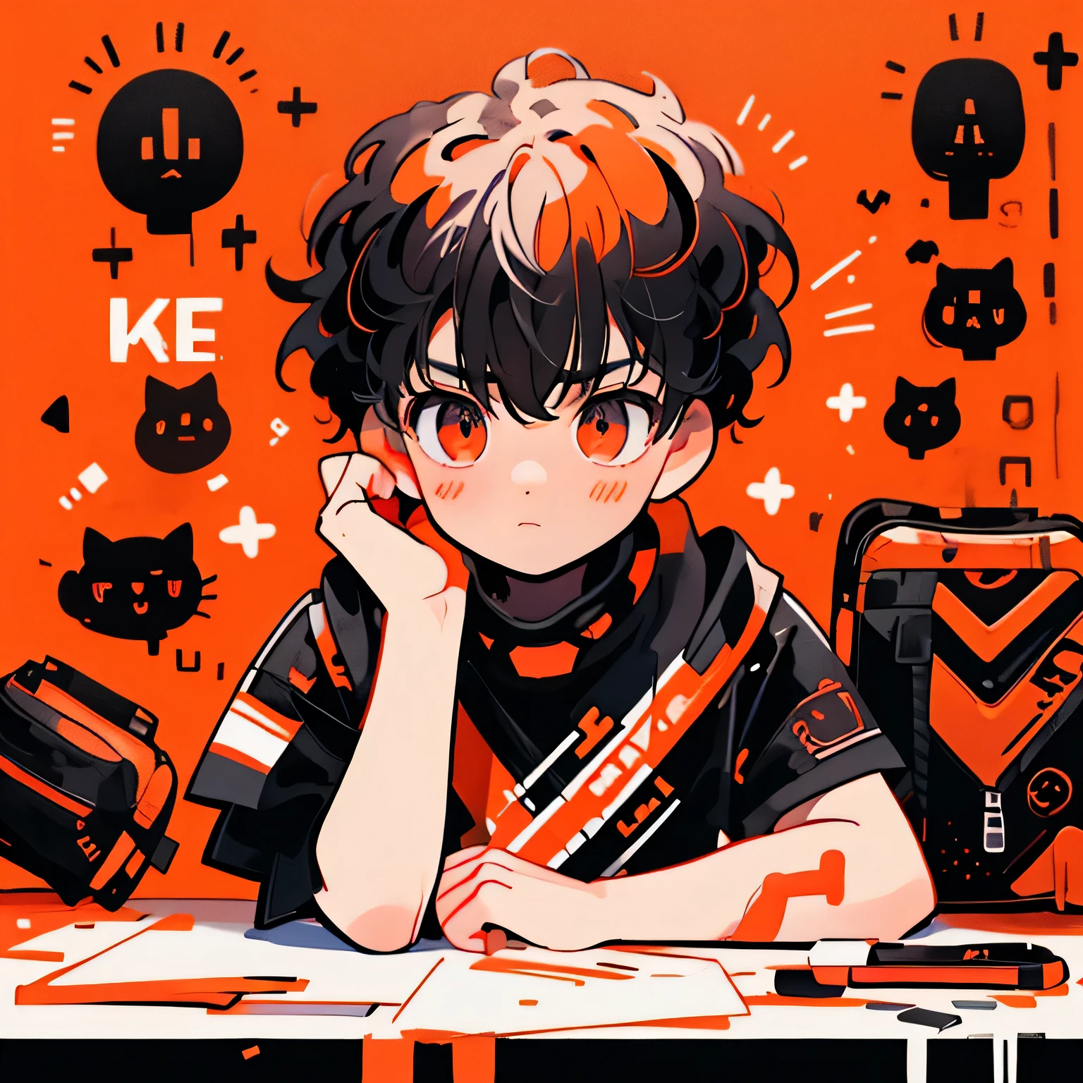 a boy sitting alone on a table, black messy hair, holding a football, backpack, glowing, orange and red background, Sharpie illustration, best quality, 4k, 8k, highres, masterpiece, ultra-detailed, realistic, photo-realistic, HDR, UHD, studio lighting, ultra-fine painting, sharp focus, physically-based rendering, extreme detail description, professional, vivid colors, bokeh