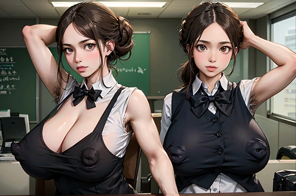 (1milf solo, sitting, office worker), ((black vest:1.1) over sleeveless white dress shirt), mature female, /(dark brown hair/), French twist updo hair, sexy smile, (masterpiece best quality:1.2) delicate illustration ultra-detailed, sagging gigantic huge breasts, bowtie BREAK (modern office) indoors, ((reception desk)), (stylish company logo on wall) , detailed background, ((showing hairy armpit hair)), hand behind the head, zoom upper body, thick makeup