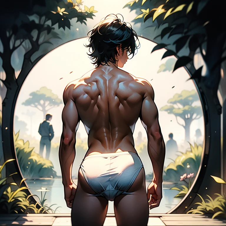 The beautifu Nude with nice round soft buttocks l young man Narcissus admires his reflection in the forest lake,  seduce, around a young boy 19 years old", athletic, young man, in torn panties, slips,  Erotic, Watercolor, Focus on the ass fantasy style Caravaggio 