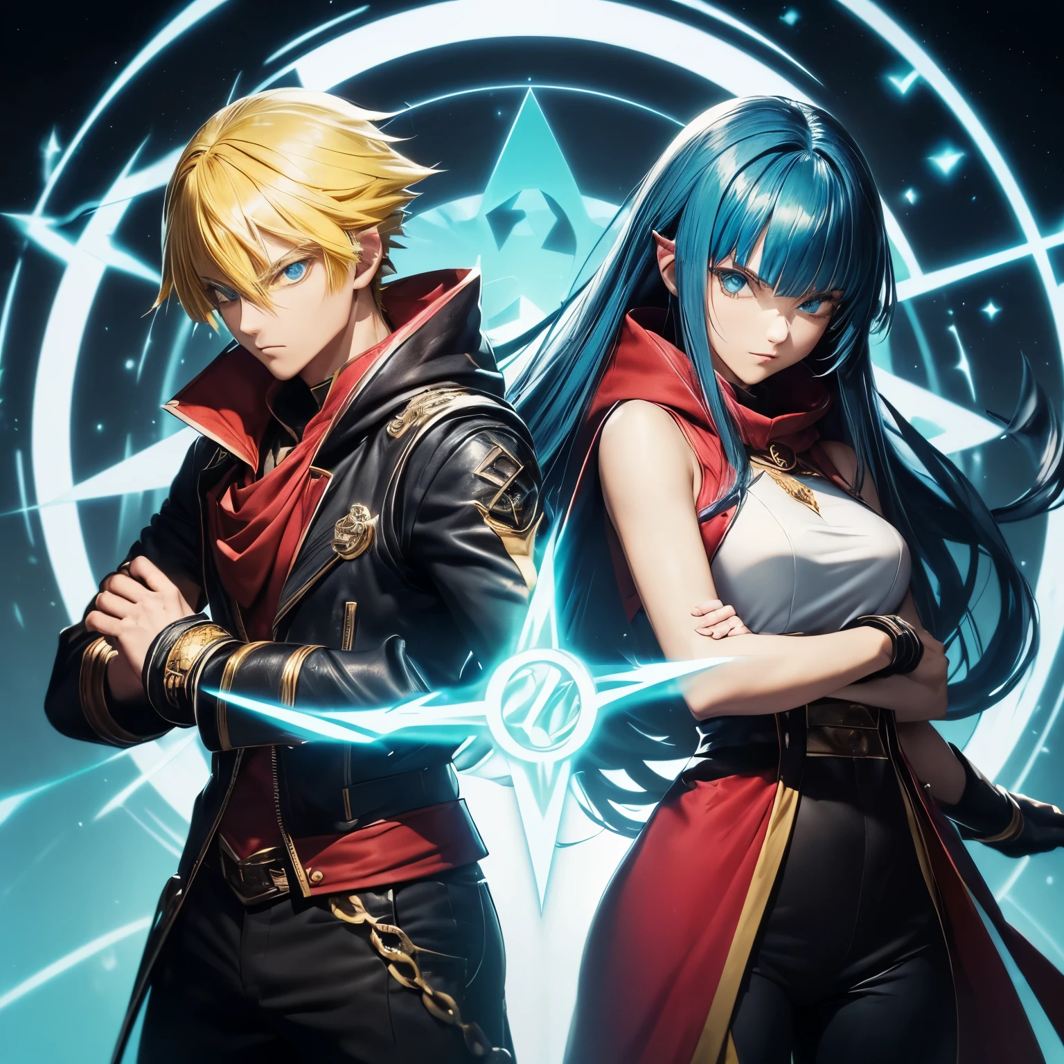 ((Couple)), ((Powerfull Mage)), ((26 years old, male with Yellow hair, Aqua Blue eyes)), ((26 Years Old,female with Black long Hair, Hime Cut, Bang, White eyes)),, red scarf, red hoodie vest, sleeveless, black pants, black gloves, slim, up to legs, intimidating aura, with background of Magic Circle