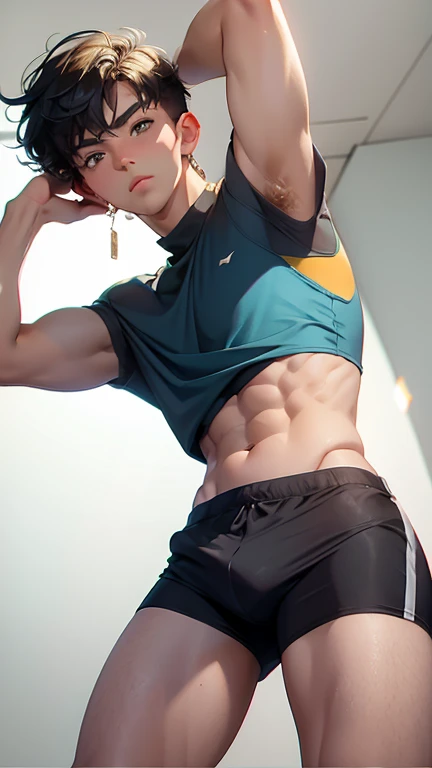 young man boy 19 years old, boy wearing a crop top and too much short shorts,
