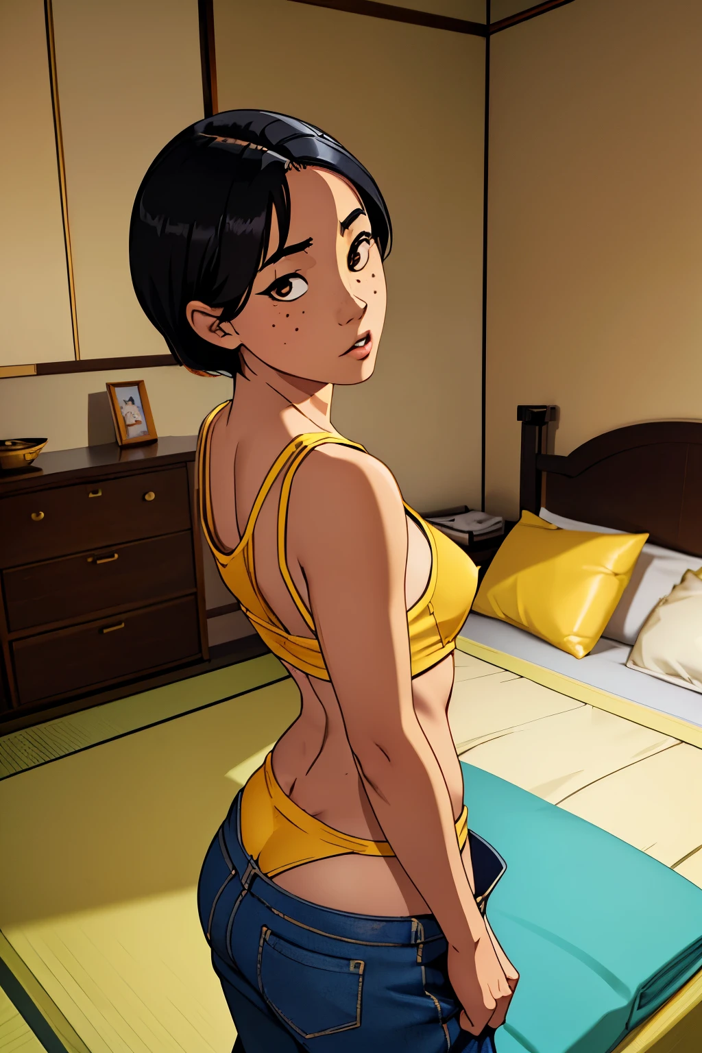  (Beautiful Japanese woman who looks like nao jinguji in bedroom looking over shoulder at viewer, black hair:1.2), 26 years old, yellow tank top, brown eyes, surprised candid look, doe eyes, skimpy thong visible, wide hips small waist, juicy butt, black short hair, light freckles on nose bridge, tight shirt no bra under