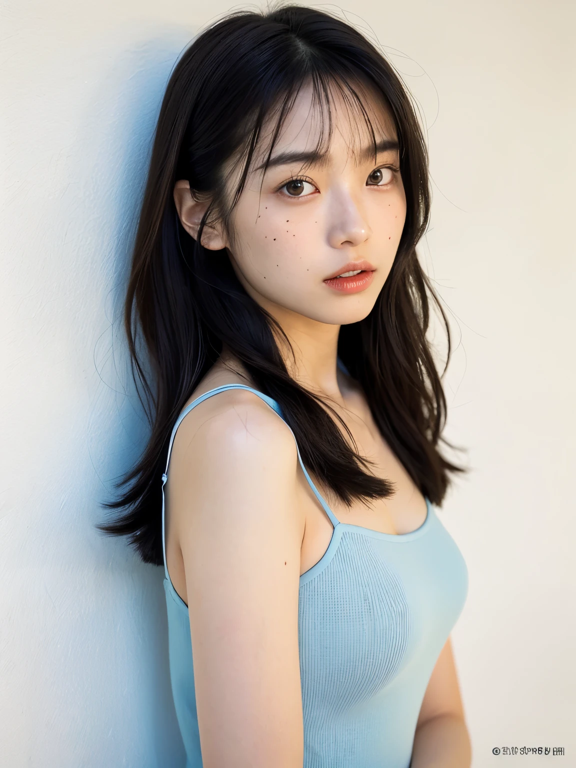 See-through tops,camisole、(背景にWhite wall、Some of her hair is sky blue:1.4)、White wall、In front of a white door、(窓のあるWhite wallの部屋)、((highest quality、8k、masterpiece:1.3))、Ultra-high resolution、(photoGenuineistic:1.4)、RAW Photos、Japanese,(face)、Genuine、Photographed in natural light、Highly detailed face and skin texture、Highly detailed lips、The correct state of the human body、Medium Hair、Black Hair、Mr.々Expression、faceアップ、No makeup、freckles、