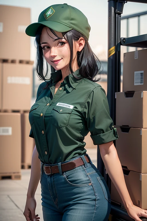 Woman in her 30s, a smile, Black hair shortcuts, Small bust, green uniform workwear, Denim trousers, Red Gunte, Light blue cap, Warehouse and forklift background,name tag JNT Cargo