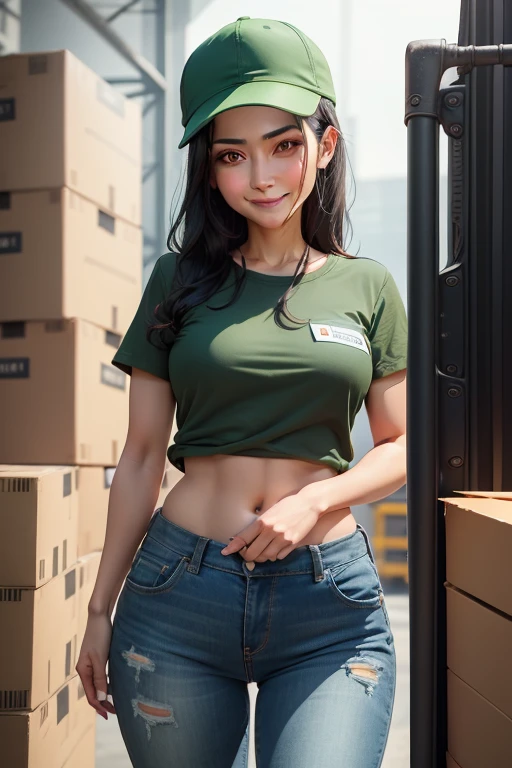 Woman in her 30s, a smile, Black hair shortcuts, Small bust, green uniform workwear, Denim trousers, Red Gunte, Light blue cap, Warehouse and forklift background,name tag JNT Cargo