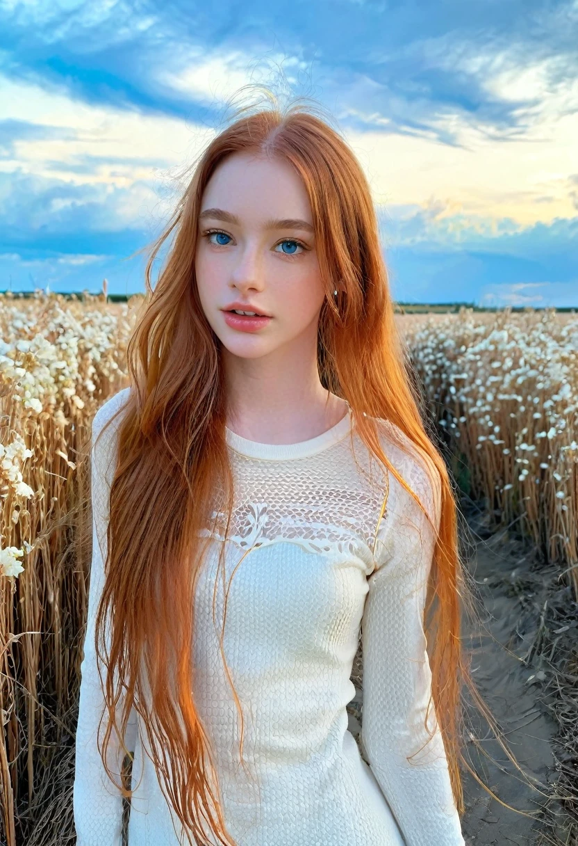 ((intricate details, pale skin)), solo, very detailed, detailed face, very long hair, picture of a beautiful young woman, dasha_taran, sfw, ((natural orange hair)), High Definition RAW Photography, 16k photography, (full body), standing, delicate facial features, pretty face, detailed full body, visible from head to knees, (bright sky-blue eyes:1.2), mesmerizing eyes, emotive longing expression, (cinematic, film grain:1.1)