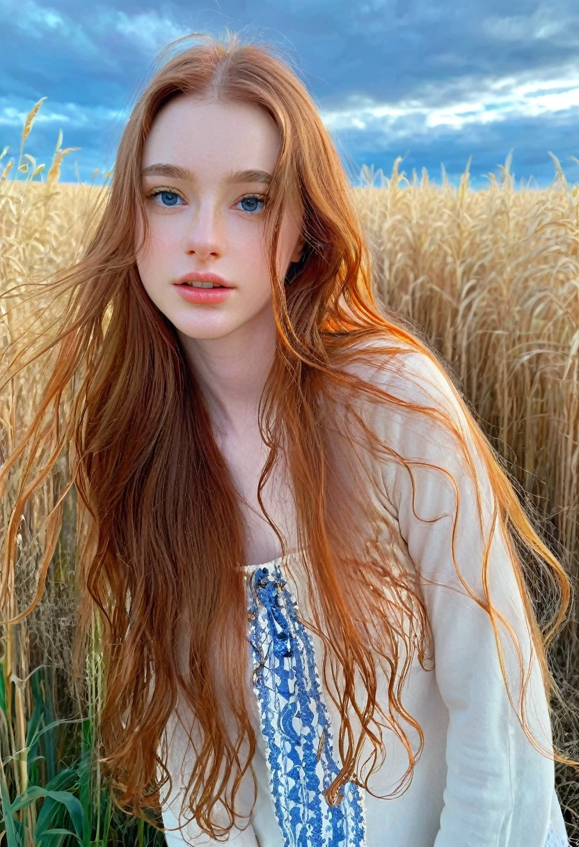 ((intricate details, pale skin)), solo, very detailed, detailed face, very long hair, picture of a beautiful young woman, dasha_taran, sfw, ((natural orange hair)), High Definition RAW Photography, 16k photography, (full body), standing, delicate facial features, pretty face, detailed full body, visible from head to knees, (bright sky-blue eyes:1.2), mesmerizing eyes, emotive longing expression, (cinematic, film grain:1.1)