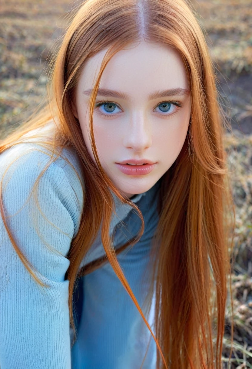 ((intricate details, pale skin)), solo, very detailed, detailed face, very long hair, picture of a beautiful young woman, dasha_taran, sfw, ((natural orange hair)), High Definition RAW Photography, 16k photography, (full body), standing, delicate facial features, pretty face, detailed full body, visible from head to knees, (bright sky-blue eyes:1.2), mesmerizing eyes, emotive longing expression, (cinematic, film grain:1.1)