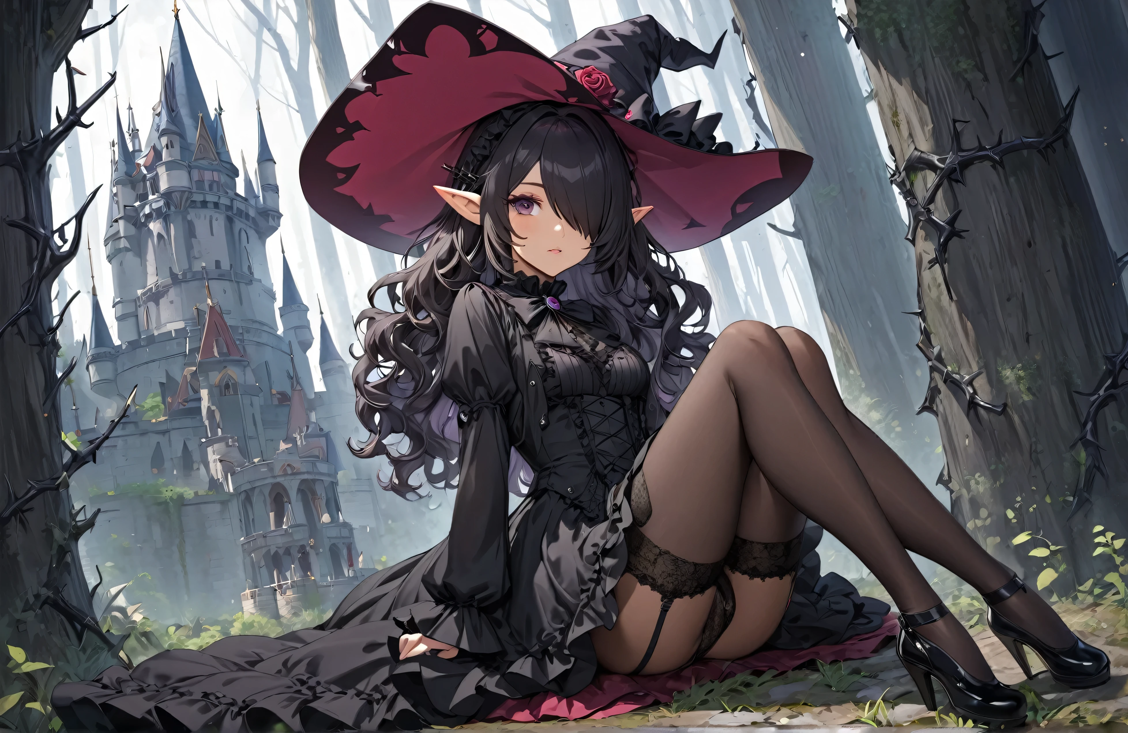 (nsfw)high quality,(High resolution:1.2),Incredible illustrations, (genshin impact) 1girl((wavy hair,hair over one eye)Dark Skin,slender,pointy ears)((victorian gothic ta SILK DRESS,open clothes),Witch Hat,ascot,garter belt,Garter Stockings(see through))(hold up knee)The wilderness is filled with a forest of black thorns, a wall of black thorns, a castle, and a witch princess.