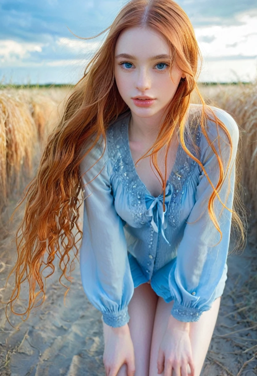 ((intricate details, pale skin)), solo, very detailed, detailed face, very long hair, picture of a beautiful young woman, dasha_taran, sfw, ((natural orange hair)), High Definition RAW Photography, 16k photography, (full body), standing, delicate facial features, pretty face, detailed full body, visible from head to knees, (bright sky-blue eyes:1.2), mesmerizing eyes, emotive longing expression, (cinematic, film grain:1.1)