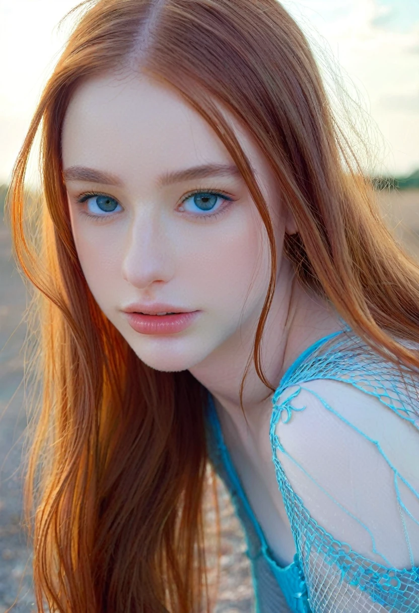 Beautiful girl, detailed blue eyes, long white niveous hair, detailed facial traits, female penetentiary, orange prison clothes, female inmates on the background, breasts are naked