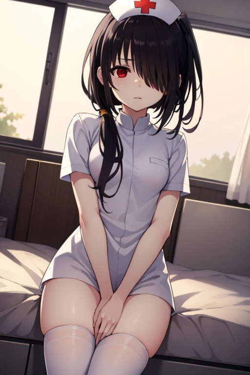 Kurosaki, Tokisaki Crazy Trio, Black Hair, Low double ponytail, (hair covering one eye:1.5), (Red Eyes:1.2), (Small Breasts:1.2), rest thighhighs, have, , White, Nurse cap, Nurse, Tokisaki Crazy Trio, rest looking at viewer, rest indoors, ground, groundroom, rest (masterpiece:1.2), best quality, high resolution, Unity 8k wallpaper, (illustration:0.8), (Beautiful and delicate eyes:1.6), Extremely detailed face, Perfect lighting, Extremely detailed CG, (Perfect hands, Perfect anatomical structure),