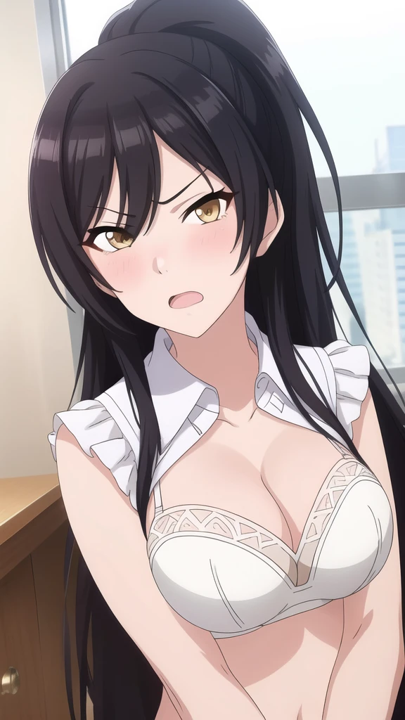 masterpiece, high quality, 8k, Beautiful lighting,sunny day, 1 girl, alone, ,((Open your mouth)), ,,((Detailed white bra:1.3)),(Open front school uniform),((Yellow Eyes)),((close up:1.5)),,, ((Upper Body)),,,Detailed face,((Mid-chest)),(Cleavage),((squinting)), Yellow Eyes, ((blush)), shirase sakuya , ponytail, View your viewers