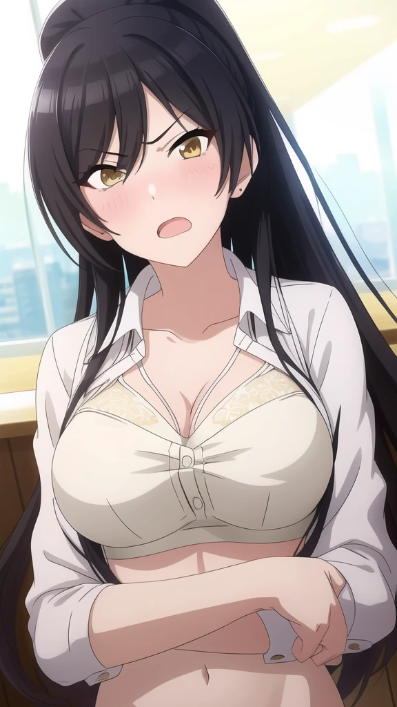 masterpiece, high quality, 8k, Beautiful lighting,sunny day, 1 girl, alone, ,((Open your mouth)), ,,((Detailed white bra:1.3)),(Open front school uniform）,（（Yellow Eyes））,（（close up:1.5））,,, ((Upper Body)),,,Detailed face,((Mid-chest)),(Cleavage),((squinting)),　Yellow Eyes, ((blush)),　shirase sakuya　,　ponytail,　View your viewers