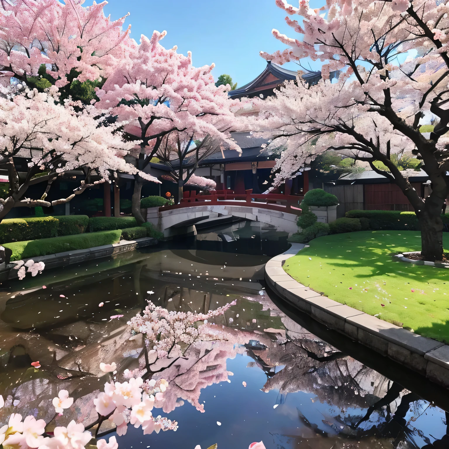 *Channel_42* *Broadcasting* *yard space* *cherry tree* *Isometric* *Stream* *Cherry blossom petals all over the ground* *Chinese style* *falling flower petals* *in spring* *drizzle*