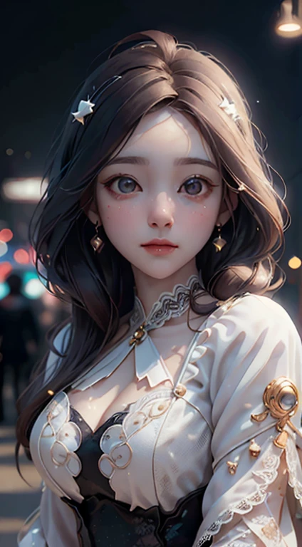 masterpiece, (Front Focus), Surrealist female portrait, Fantasy art, realism, Dynamic Lighting, Art Station, Poster, Volumetric lighting, Highly detailed face, black and fluffy eyes, Sparkling Eyes,4K, Award-winning, 1 girl, Modest,Full Body Shot, (Formal attire: 1.4,white lace gown), Street lights, Dark brown hair,

