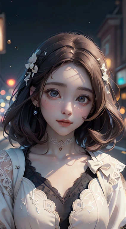 masterpiece, (Front Focus), Surrealist female portrait, Fantasy art, realism, Dynamic Lighting, Art Station, Poster, Volumetric lighting, Highly detailed face, black and fluffy eyes, Sparkling Eyes,4K, Award-winning, 1 girl, Modest,Full Body Shot, (Formal attire: 1.4,white lace gown), Street lights, Dark brown hair,

