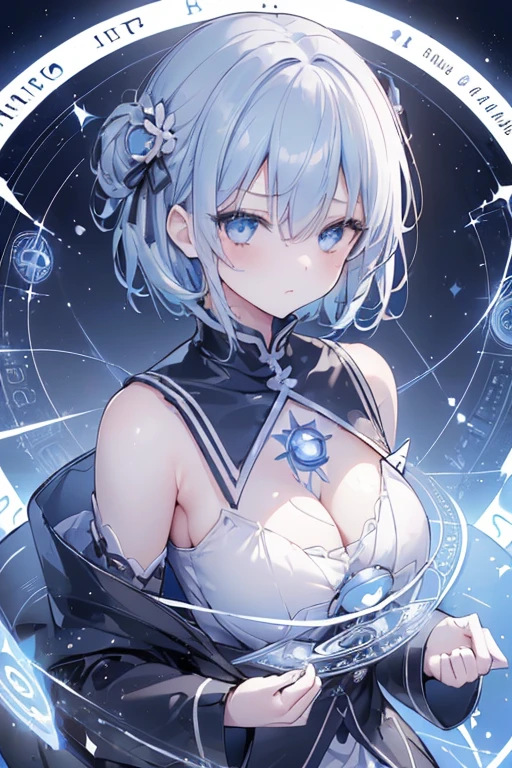 (8K, Best quality, tmasterpiece:1.2),\(Eyes detailed\),\(facial feature\),(\(clothes details details body lesbian,(surface focus) ,Very detailed CG unified 8k wallpaper,hugefilesize,ultra - detailed,A high resolution,Huang Li,beautidful eyes,Ray traching,dramatic shadow,Detailed pubic hair,dramatic angles,hyper-detailing,(1 girl:1.3),(Alone),12year old,kiritaniharuka,Blue hair,Short hair details,Sister head,eBlue eyes,flat chest,(Cute girls:1.1),,(emotionless:1.25).magic space,(circular magic circle in the sky:1.2)+(huge blue magic circle:1.2)+(There are verses engraved on the magic circle:1.3),blue, (Heavy monochrome:1.16),(depth of fields:1.4),