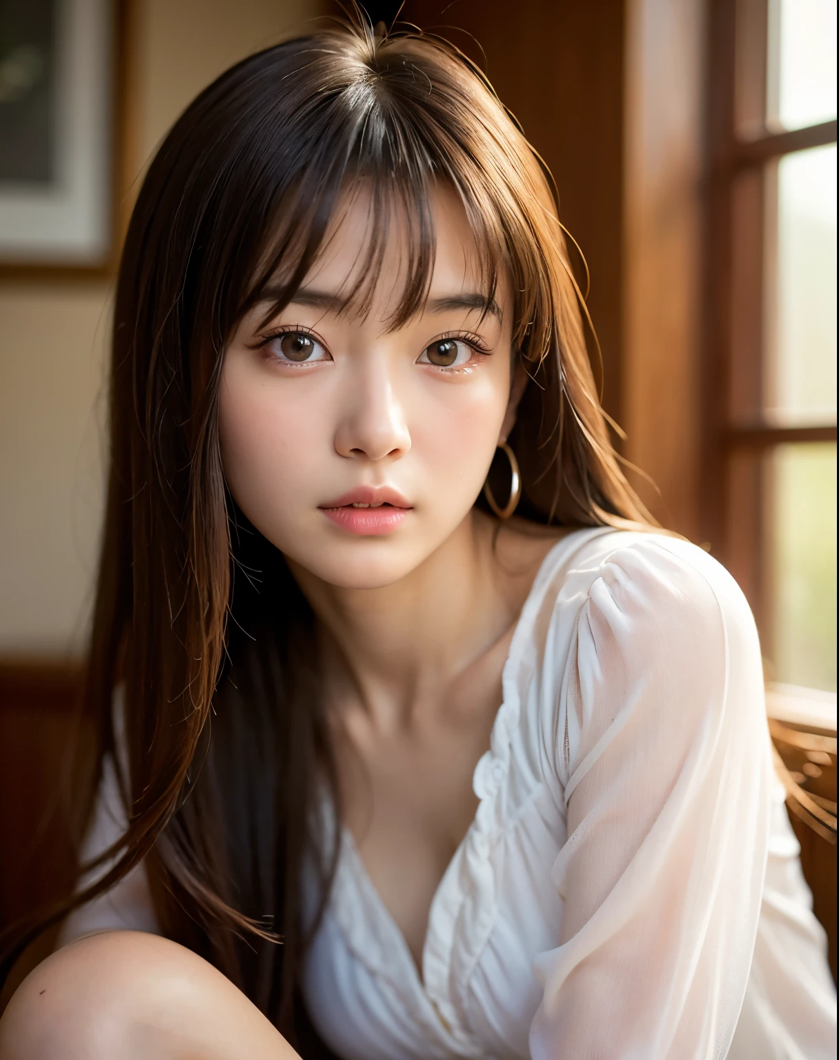 A close up of a woman sitting on a chair with a white shirt - SeaArt AI