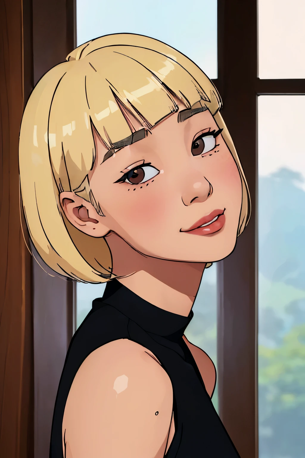  (Beautiful Korean woman who looks like Kim Chae-Won looking at viewer:1.5),(short platinum blonde hair with straight bangs:1.2), 26 years old,brown eyes, surprised candid look, coy smile, no forehead, light freckles on nose bridg, bare shoulders , black choker, tank top