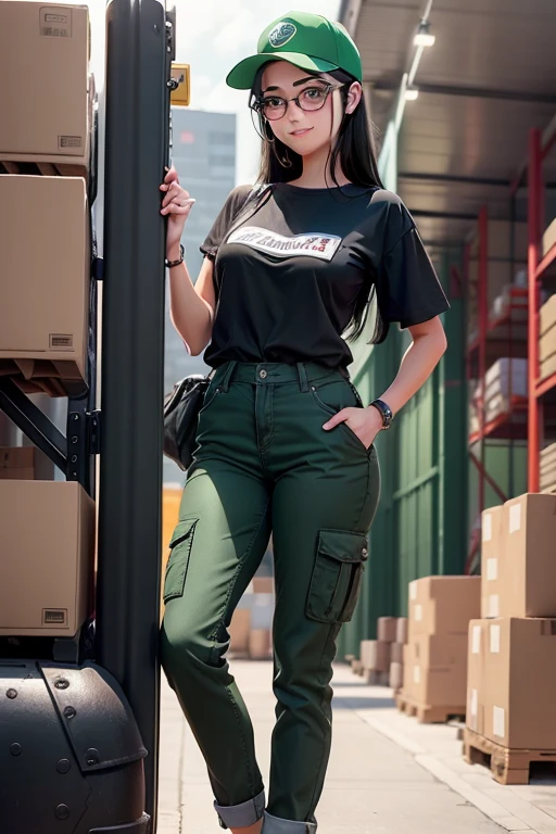 Young women in her 22s, a smile, Black hair shortcuts,wear black glasses, green uniform workwear, Denim trousers, Red Gunte, green cap, Warehouse and forklift background,name tag JNT Cargo