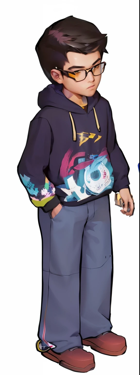 wearing glasses、Cartoon boy in hoodie standing next to skateboard, Full body details, Character Art Close-up, Official Character Art, Full body details, Close-up characters, Full body photo super detailed, Official illustrations, Wearing Netrunner Outfit, Character Close-up, Detailed clothes, Short full-body portrait!, clothing concept, gnarly details