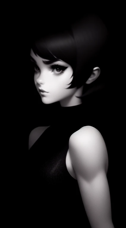 Beautiful 20yr old girl, detailed, muscular, short black dress with peter pan collar, female femme dessin, simple, Noir et blanc, black and white ink, looking at viewer.