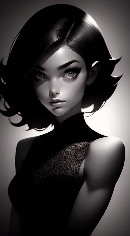 Beautiful 20yr old girl, detailed, muscular, short black dress with peter pan collar, female femme dessin, simple, Noir et blanc, black and white ink, looking at viewer.