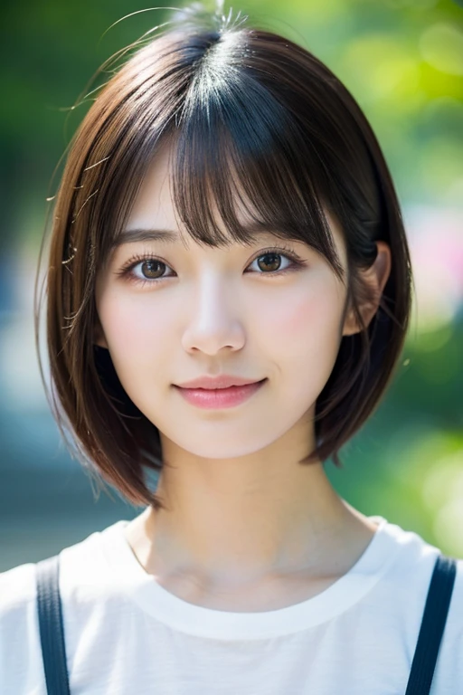 ((Photoreal)), 8K full-length portrait, (Beautiful woman), (Japanese woman), (detailed face), attractive look, Clear system, 18-year-old, Tokyo city, summer, for the background, short hair,