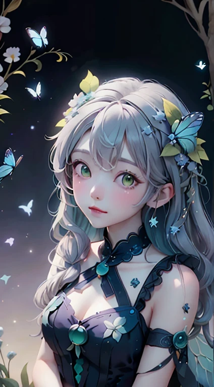 (masterpiece)), (((highest quality))), ((Very detailed)), colorful, High resolution, One girl, alone, Upper Body, Grey Hair,Green Eyes, Luo Tianyi (Midsummer),Midsummer, Black and purple dress, (Blue Butterfly), White butterfly wings