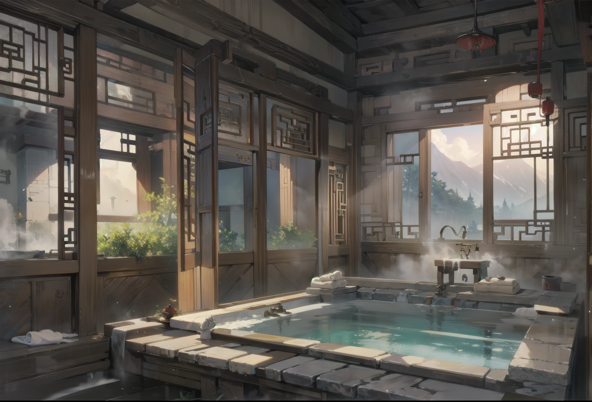 Old ancient chinese bathroom, mansion bathroom, ancient chinese bathroom, steamy bath, scene, scenery, empty, traditional chinese bathroom, detailed room,