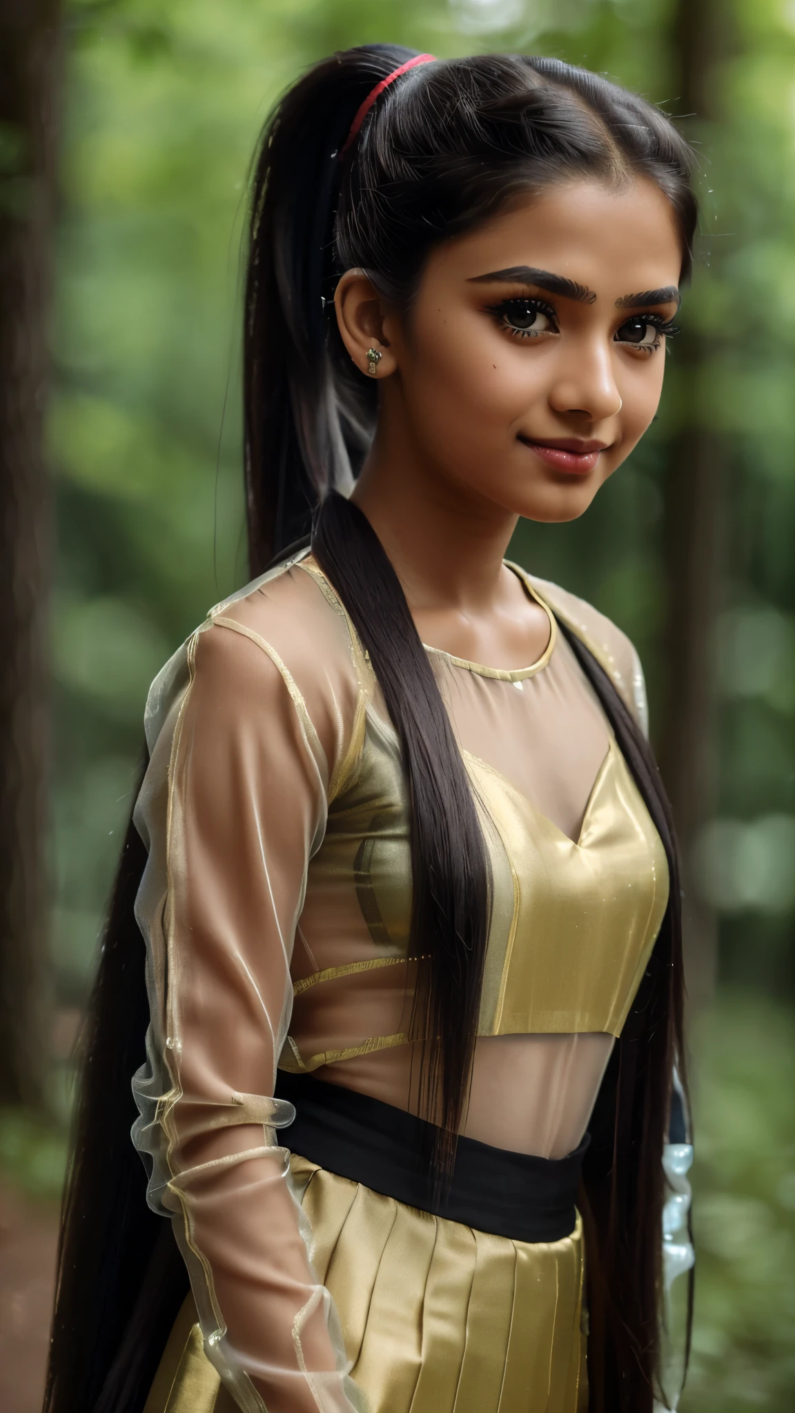 (a picture of indian girl)), Wearing a Long black Sleeve suit, ((Nailon with Sheer Design)) ((14 Years Oldilon with sheer )), ((highest quality, 8K, masterpiece: 1.3)), concentrated: 1.2, perfect beauty: 1.4, butt: 1.2,Highly detailed face and skin texture, narrow eyes, double eyelid,, long hair, (shut up: 1.3), smile, Unreal beauty, , ((Hair Comes in Front)), ((Ponytail Hairstyle)), indian girl, , 35mm, ((Bokeh Background)), ((Blur increased:1.3)), , ((14 years old girl)), ((Crait:1.2)), ((Increase Cinematic Potrait Blur)), in a Forest, ((Anatomically Correct)), , ((Black Hair)),, ((Full-body Shot:1.4)), RED LIPS