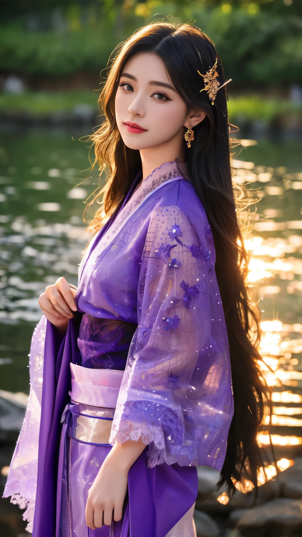 8K, UHD, masterpeiece,best quality, 1 girl, realistic face, detailed eyes, very long hair, long straight hair, small breasts, very detailed dress, kimono costume, purple costume, ((mesh lace)), sardine, flowing sardine, jwellery, earring, ornaments, evening, lake, water, sunset, depth of field, glowing light, god rays, reflection light, bloom, blending