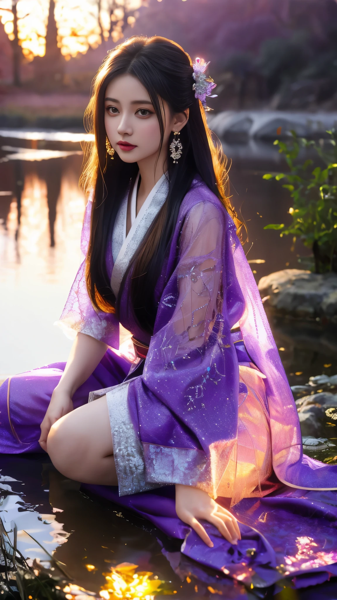 8K, UHD, masterpeiece,best quality, 1 girl, realistic face, detailed eyes, very long hair, long straight hair, small breasts, very detailed dress, kimono costume, purple costume, ((mesh lace)), sardine, flowing sardine, jwellery, earring, ornaments, evening, lake, water, sunset, depth of field, glowing light, god rays, reflection light, bloom, blending, sitting,
