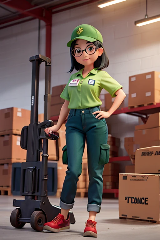 Young women in her 22s, a smile, Black hair shortcuts,wear black glasses, green uniform workwear, Denim trousers, Red Gunte, green cap, Warehouse and forklift background,name tag JNT Cargo
