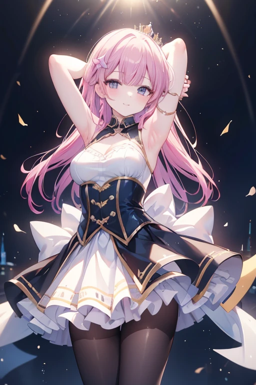(Best Picture Quality, 4K, High Quality, Masterpiece:1.2), ((Masterpiece)), High Detail, High Quality, (HDR,16k, RAW Beautiful Girl Portrait, Best Picture Quality, Masterpiece::1. 2), (Ultra-Definition Illustration), nsfw, idolmaster, idol costume, teen, spotlight, extremely cute, colorful hair color, sleeveless, detached sleeves, colorful frilled dress, tiara, stage, showing armpits, cheerful, smiling, pantyhose,