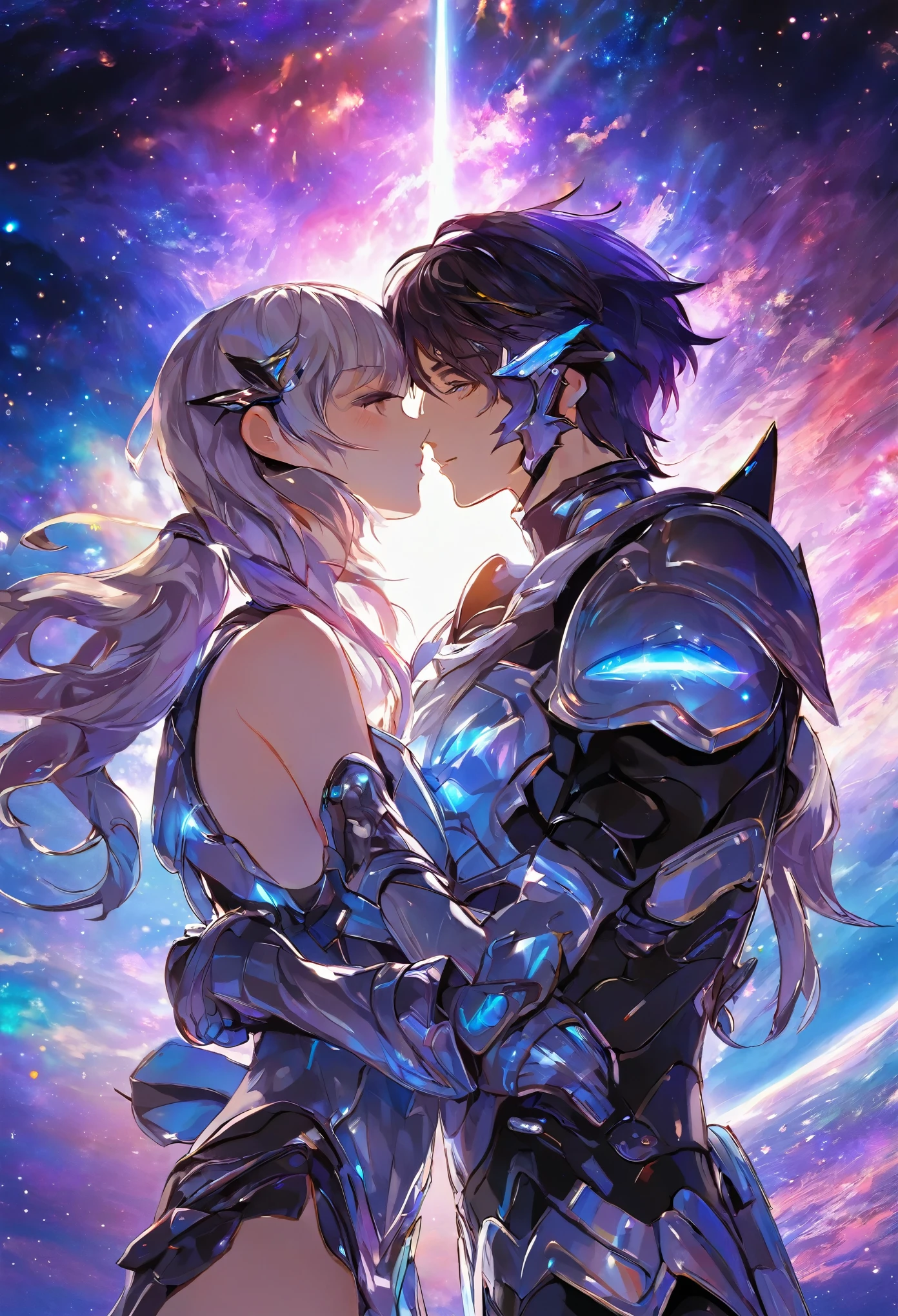 ((full body)), ((A boy and a yinji girl)), ((Long shot)), ((Armor, Hug, kiss)), Two-man match, 4k ultra hd, masterpiece, good face, detailed eyes, detailed lips, neon lights, (galaxy background:1.5), in the heaven,