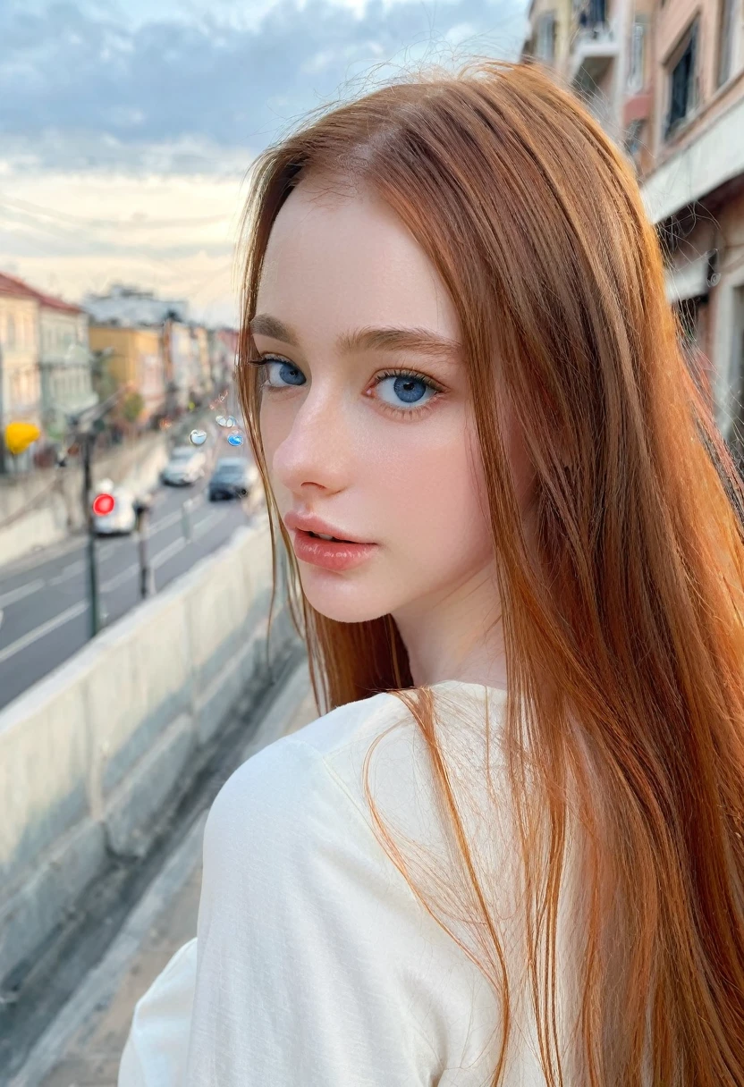 ((intricate details, pale skin)), solo, very detailed, detailed face, very long hair, picture of a beautiful young woman, dasha_taran, sfw, ((natural orange hair)), High Definition RAW Photography, 16k photography, (full body), standing, delicate facial features, pretty face, detailed full body, visible from head to knees, (bright sky-blue eyes:1.2), mesmerizing eyes, emotive longing expression, (cinematic, film grain:1.1), urban landscape background, blurred background, 