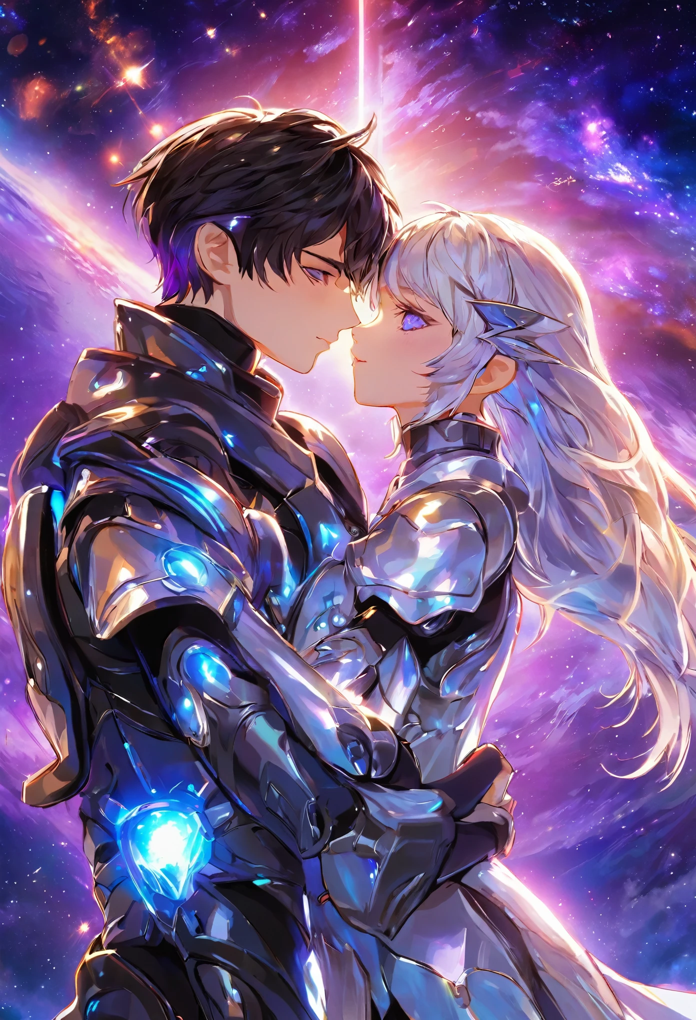 ((full body)), ((A boy and a yinji girl)), ((Long shot)), ((Armor, Hug, kiss)), Two-man match, 4k ultra hd, masterpiece, good face, detailed eyes, detailed lips, neon lights, (galaxy background:1.5), in the heaven,